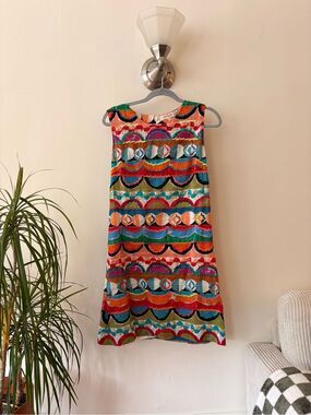 Derhy Paris Multicolor Embroidered Shift Dress Boho Artsy Mini Dress Size M